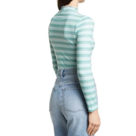 Cali Be Striped Ribbed Lettuce Mock Neck Long Sleeve Top Turquoise Size Medium - Picture 2 of 7